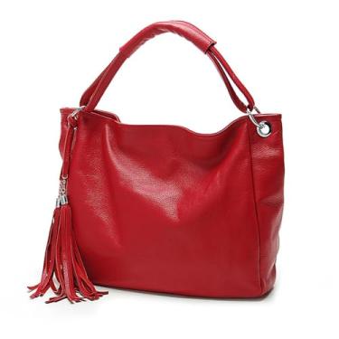 Imagem de Bolsa feminina 100% macia de couro legítimo com borla, bolsa folgada, Hobo, transversal, Vermelho