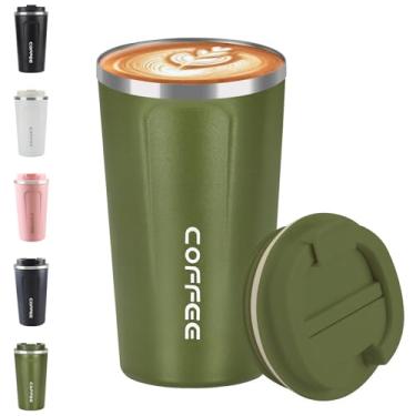 Imagem de Mongdio Caneca de aço inoxidável de 500 ml, caneca de café à prova de vazamento com tampa, mantém frio e quente, adequada para viagens e escritório - verde