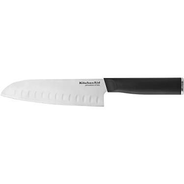 Imagem de KitchenAid Faca Santoku clássica com tampa de lâmina de ajuste personalizado, faca de cozinha afiada, aço inoxidável japonês de alto carbono, preta