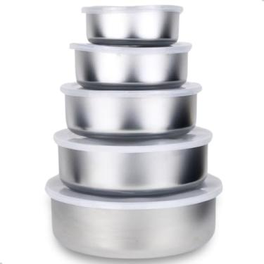 Imagem de Kit 5 Vasilhas De Inox Redonda Acompanha Tampas De Plástico