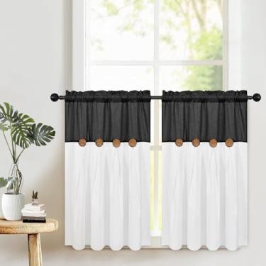 Imagem de Cortinas de cozinha Boho 91 cm de comprimento, cortinas de linho de algodão de fazenda, cortinas curtas de botão rústico para janelas, cortinas pretas de café country, cortinas de janela pequenas para