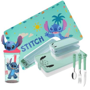 Imagem de Conjunto Refeição Infantil Stitch Disney 9 Peças Estojo, Potes, Talheres, Copo 3D e Jogo Americano