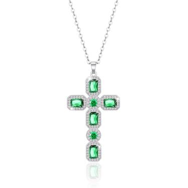 Imagem de Linawe Colar de cruz para mulheres, joias de ouro/prata, pingente de cruz, colar de strass de zircônia cúbica de cristal de moissanite, presentes religiosos, Silver,May, Cobre, Esmeralda