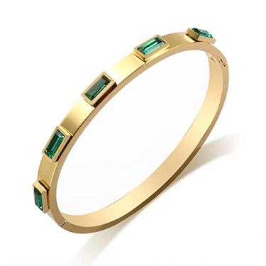Imagem de JINHUI Bracelete de aço inoxidável ouro rosa/ouro 18 quilates com pingente de joia de presente vermelho e verde CZ pedra para mulheres tamanho 17 cm Circumference 6.8'', Diameter: 1.97 x 2.36" Amarelo