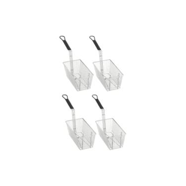 Imagem de Cesta de fritadeira | 33 cm x 16,5 cm x 13,3 cm para uso comercial de cozinha de restaurante | Ganchos frontais com alça antiderrapante | Aço inoxidável niquelado (pacote com 4)