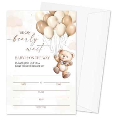 Imagem de Convites de chá de bebê We Can Bearly Wait para meninos meninas, cartões de convite de balão de urso para anúncio de bebê, 25 conjuntos de convites de chá de bebê com envelopes, suprimentos de festa