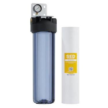 Imagem de Sistema de filtro de água de 50,8 cm 1 estágio para toda a casa, portas de 2,5 cm, anel de vedação duplo, caixa de filtro transparente + medidor com filtro de água de sedimento de polipropileno de 5