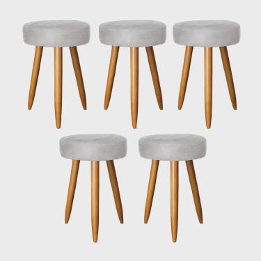 Imagem de Kit 05 Banqueta Alta Julia 50cm Bar Cozinha Balcão Bistrô Pé Palito Caramelo Tecido Sintético Cinza - Ahz Móveis