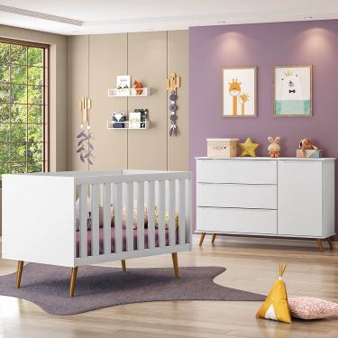 Imagem de Berço Mini Cama e Cômoda 3 Gavetas Retrô Esmeralda Branco Mobili