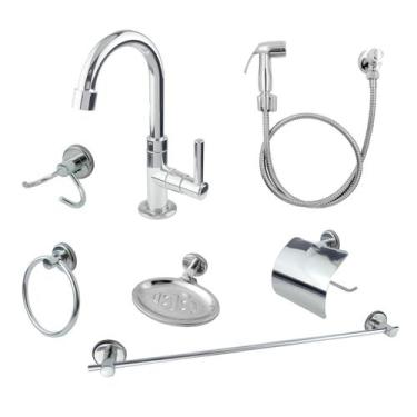 Imagem de Kit Para Banheiro Acessórios Metal Inox + Torneira Banheiro Lavatório 
