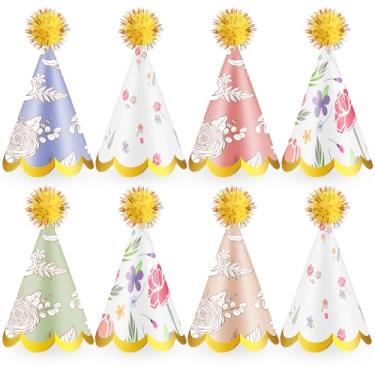 Imagem de Sonwyoung 40 mini chapéus de festa de aniversário com pompons, chapéu de cone de festa de animais de pelúcia florais para aniversário, animais de estimação, artigos de festa