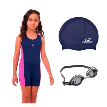 Imagem de Kit Maiô Macaquinho Natação Juvenil Infantil Touca Silicone + Óculos Uv (Marinho/Pink - Touca Azul Marinho, 16)