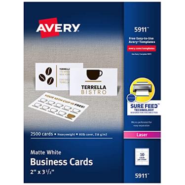 Imagem de Avery Cartões de visita imprimíveis com tecnologia Sure Feed, 5 cm x 9 cm, brancos, 2.500 cartões em branco para impressoras a laser (05911)