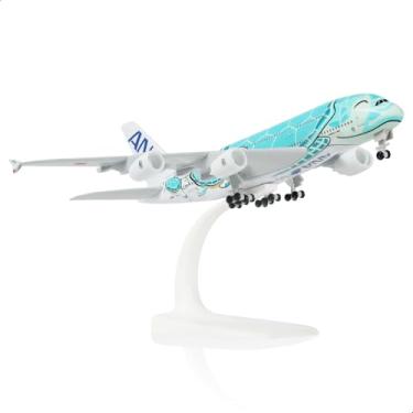 Imagem de QIYUMOKE A380 1/300 ANA Tartaruga marinha verde metal fundido kit de modelo de avião para Airbus A380 modelo de avião (18 cm C) com suporte de exibição para presentes de aviação adulto ou coleção de