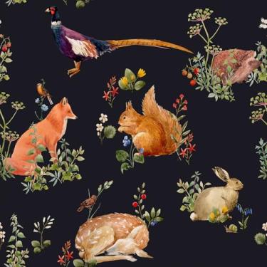 Imagem de VaryFloral Papel de parede floral animal preto descasque e cole coelho raposa esquilo cervo ouriço papel de parede para quarto, floresta, flores silvestres, papel de contato animal, autoadesivo
