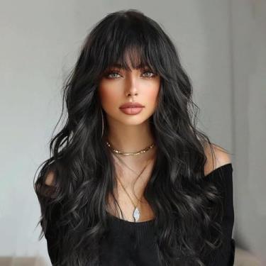 Imagem de Nuxovin Perucas Longas Pretas De Cabelo Humano Com Franja, Onduladas Reais, Aparência Natural, Leves, Respiráveis, Resistentes Ao Calor, Sem Cola E Emaranhados (Preto, 22 Polegadas)