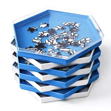 Imagem de Becko US Stackable Puzzle Sorting Trays Jigsaw Puzzle Sorters with Lid Puzzle Accessory for Puzzles Up to 1500 Pieces, 8 Hexagonal Trays in White & Blue