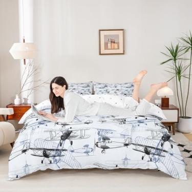 Imagem de Jogo de cama infantil com estampa de avião, conjunto de capa de edredom com estampa de avião, 3 peças, para meninos e meninas, capa de edredom de microfibra, estilo esboço, azul marinho, preto, branco