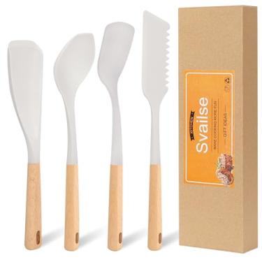 Imagem de Svailse Conjunto de 4 espátulas de silicone, colheres para panelas antiaderentes, colher multifuncional resistente ao calor com cabo de madeira para misturar, colher, raspar, ovo, panqueca e