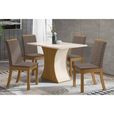 Imagem de Sala de Jantar Completa Mesa Luiza Tampo Madeirado c/ Vidro Reto 120x80cm e 4 Cadeiras Isa Nature/Suede Light Bege - Henn