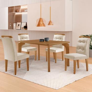 Imagem de Mesa Liz 120 Mdf Com 4 Cadeiras Carol Veludo Creme/naturalle/naturalle