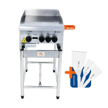 Imagem de Chapa Americana Profissional 45cm A Gás 18mm Lisa Inox Com Pé E Conjunto De Espátulas - Venâncio