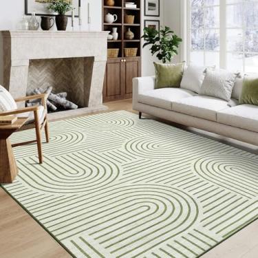 Imagem de COZYLOOM Tapete moderno lavável 12 x 18 cm para sala de estar, tapete estampado geométrico abstrato, macio e fino, revestimento de piso sem queda, tapete dobrável interno para quarto de bebê, verde