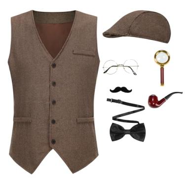 Imagem de GRAJTCIN Conjunto de fantasia de detetive Sherlock Holmes para homens adultos cosplay roupa de Halloween 7 peças (marrom-G)