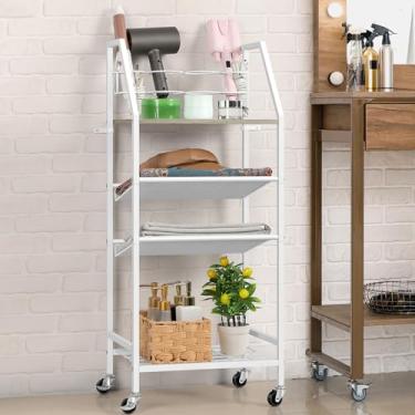 Imagem de OYEAL Organizador de ferramentas de cabelo branco organizador de maquiagem com rodas, carrinho de armazenamento de banheiro com 4 camadas, organizador de cuidados com a pele para toalhas, maquiagem