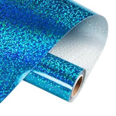 Imagem de HTVRONT Vinil permanente com glitter holográfico, vinil adesivo permanente azul brilhante de 30,5 cm x 3 m, fácil de remover ervas daninhas e transferir, rolo de glitter compatível com máquina de