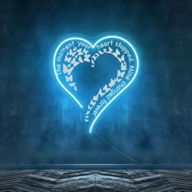 Imagem de Sinal de néon The Moment Your Heart Stopped Mine Changed Forever, presente memorial de luz led para descanso em paz, memorial da morte com citação memorial, decoração de bar, letreiros de néon de LED