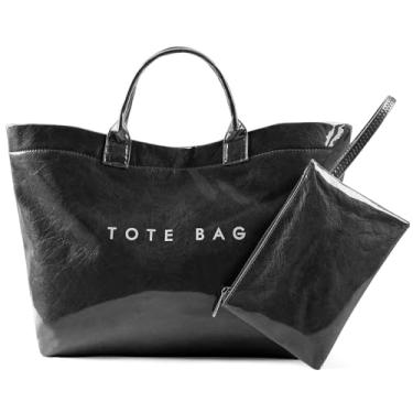 Imagem de Lushandy Bolsa feminina de PVC grosso com letras impressas, bolsa de plástico transparente com alça superior Hobo com bolsa, Preto, One Size