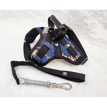 Imagem de Peitoral Coleira Pitbull Pastor Alemão Rotwailler Reforçada Couro(CAMUFLADO AZUL,M)