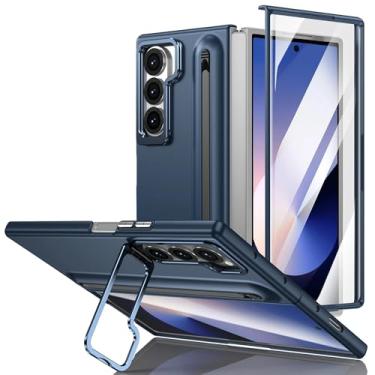 Imagem de YOGISU Capa de celular com suporte de lente de metal para Galaxy Z Fold 5, película de vidro para tela e compartimento para S Pen, capa à prova de choque (para Galaxy Z Fold 5/azul)
