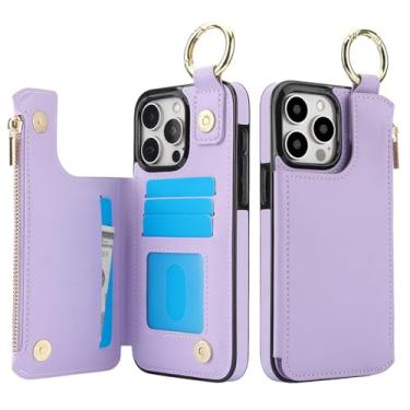 Imagem de HJZSZX Para iPhone 15 Ring Zip Wallet Card Couro Capa de Telefone Flip Stand Cover (Para iPhone 15/Roxo Claro)
