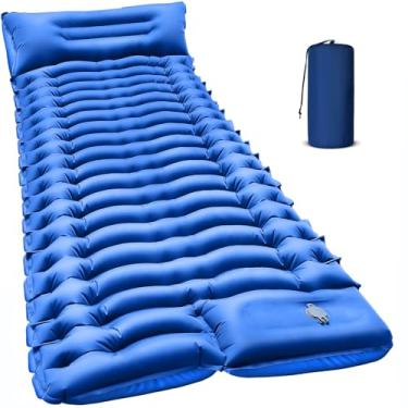 Imagem de Almofada de dormir para acampamento com almofada embutida bomba de pé inflável tapete de dormir compacto para acampamento, mochilão, caminhadas, viagens - azul
