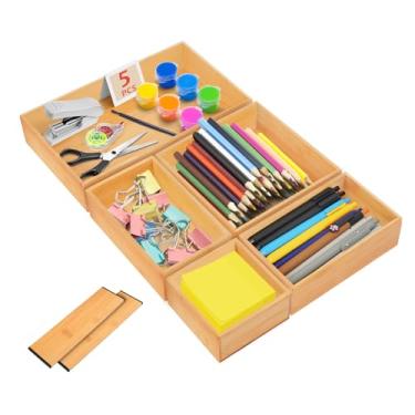 Imagem de IUMLXJO 5 peças de organizador de mesa de bambu com 2 divisórias de gaveta de madeira ajustáveis, caixas empilháveis de armazenamento de lixo, bandejas de recipiente com 7 grades para utensílios de