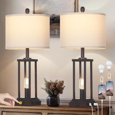 Imagem de Conjunto de 2 candeeiros de mesa de fazenda de 68,5 cm de altura, candeeiro de mesa industrial marrom para sala de estar com luz noturna, lâmpadas de cabeceira rústicas com portas USB C+A e tomada AC