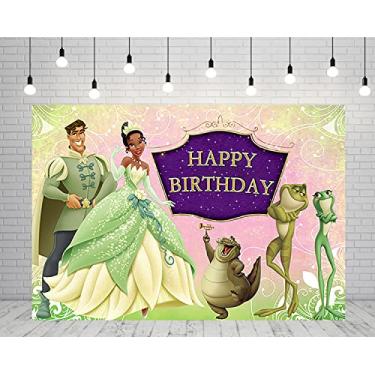Imagem de Pano de fundo de princesa Tiana para artigos de festa de aniversário, 1,5 x 0,9 m Tiana, tema princesa e sapo, faixa de chá de bebê para decoração de mesa de bolo de aniversário