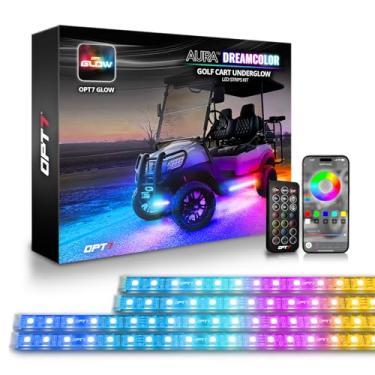 Imagem de OPT7 Kit de luz de perseguição LED para carrinho de golfe Aura DreamColor com aplicativo e controle remoto, 4 peças de tiras de iluminação RGB-IC à prova d'água, luzes externas da carroceria ativadas