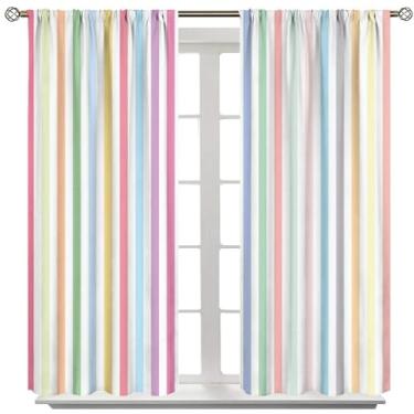 Imagem de Cortinas listradas para decoração de quarto infantil, tratamentos de janela com estampa de arco-íris colorido pastel vertical, varão, isolamento térmico, para quarto, sala de estar, 132 cm L x 213 cm