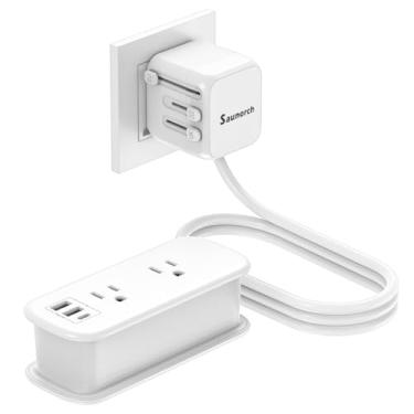 Imagem de SAUNORCH Adaptador de tomada de viagem europeu, adaptador de alimentação internacional universal com 2 tomadas CA e 2USB-A+1USB-C, régua de alimentação dos EUA para Reino Unido Europa AU China com