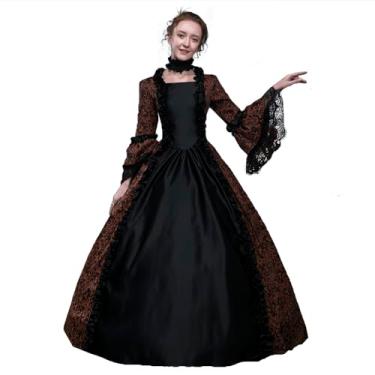 Imagem de Vestido feminino do século 18 Rococó renascentista floral jacquard longo vestido vitoriano gótico fantasia festa baile de máscaras (marrom, P)
