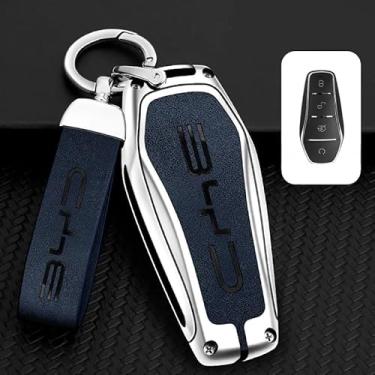 Imagem de Capa de Chave Premium BYD, Capa Protetora para Chave de Carro em Liga de Zinco e Couro – Case com Chaveiro e para BYD Qin Plus DMI, Atto 3, Han EV e Dolphin (Prata Azul)