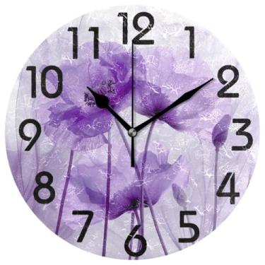 Imagem de ZzWwR Beautiful Art Relógio de parede redondo com flores de papoula roxa, relógio de mesa analógico silencioso de 25 cm para cozinha doméstica/sala de estar/quarto/banheiro/escritório