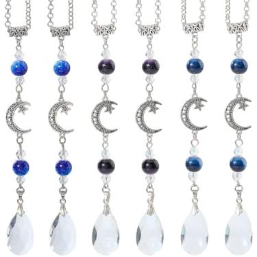 Imagem de SUNNYCLUE 1 caixa, 6 peças, 3 estilos, pingente de carro de cristal, apanhador de sol, berloques de carro, tibetano, antigo, vintage, prata, lua, estrela, óculos, janelas, apanhador de sol, para Natal