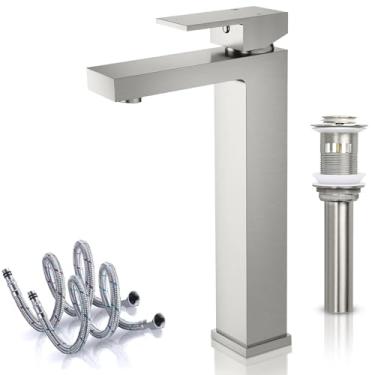 Imagem de Abelloly Torneira de banheiro de latão sólido de níquel escovado com alça única, vaidade de vaso certificado cUPC & CEC 1 orifício, torneira de barra misturadora com dreno pop-up e mangueiras de