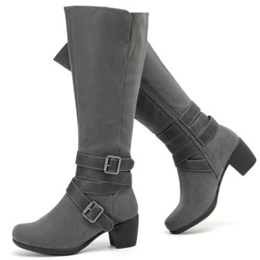 Imagem de Ruiee Botas femininas na altura do joelho com salto grosso, bico fino, confortáveis e modernas para usar no outono e inverno para mulheres., Cinza Zpu 304, 35