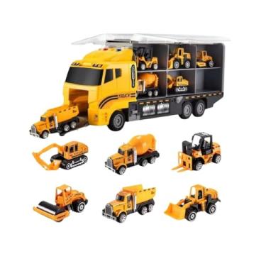 Imagem de Caminhão Transportador Cegonha com 6 Veículos de Construção, 36 cm, Luzes e Sons, Brinquedo Infantil