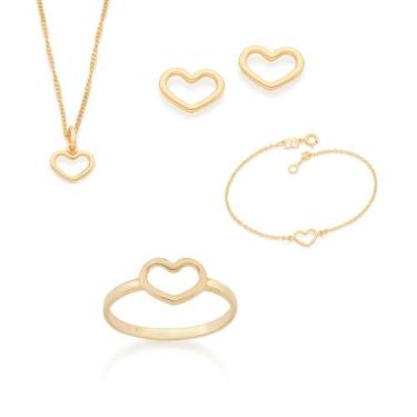 Imagem de Kit Rommanel Banhado Ouro Anel Brinco Colar E Pulseira Com Coração Vaz